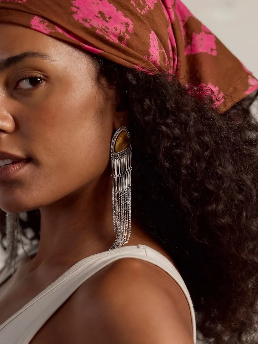 Free People Silver Fringe Earrings with Brown Stone Teardrops
